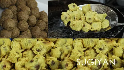 Close-up of sugiyan, a sweet fried snack made with jaggery and coconut