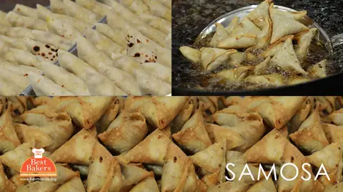 Samosas being prepared, fried, and arranged in batches
