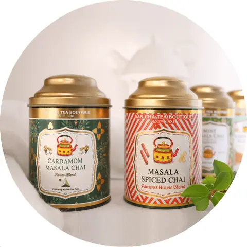 Cardamom Masala Chai and Masala Spiced Chai tea tins from Sancha Tea Boutique