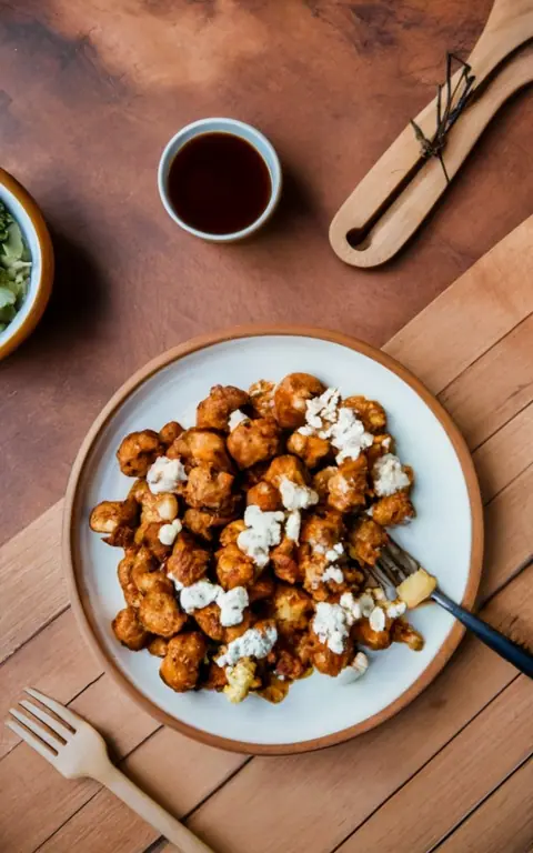 Plate of fried cauliflower florets topped with white sauce