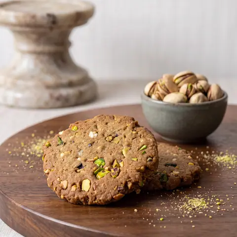Two pistachio cookies on a wooden board with a bowl of pistachios