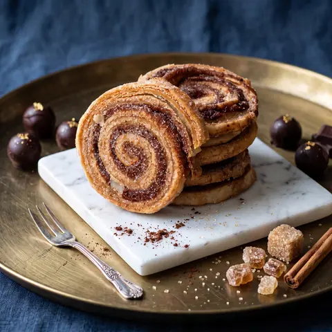 Stack of spiral cookies with cinnamon sticks and sugar crystals on a brass plate