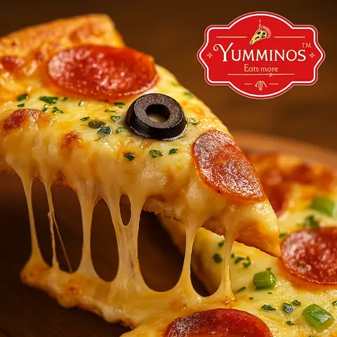 Slice of pepperoni pizza with melted cheese and black olive on top