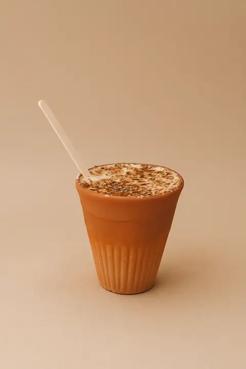Masala chai in a traditional clay cup with a spoon