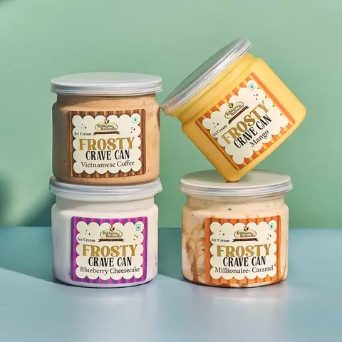 Four jars of Ribbons and Balloons Frosty Crave Can ice cream in different flavors
