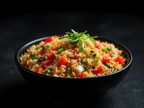 Bowl of vegetable fried rice garnished with spring onions