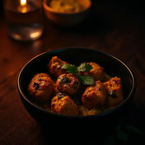 Bowl of grilled Indian spiced meatballs garnished with coriander