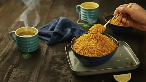 Bowl of crispy sev with two cups of hot tea on wooden table