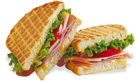 Grilled sandwich with ham, cheese, lettuce, and tomato