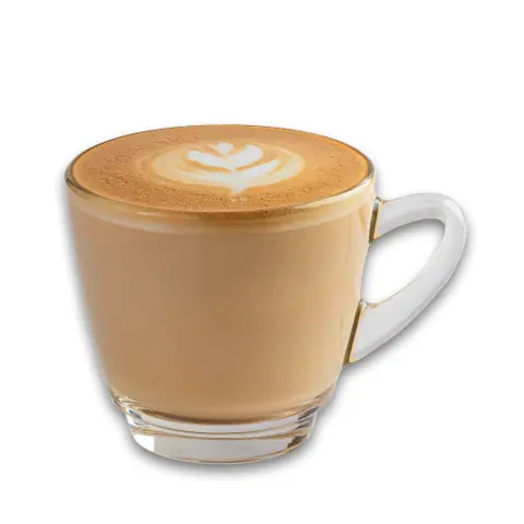Cup of coffee with latte art in a clear glass cup