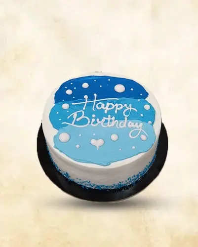Round blue and white birthday cake with Happy Birthday text