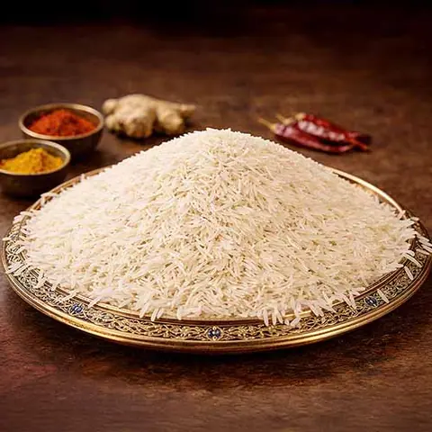 Plate of uncooked basmati rice with spices in background
