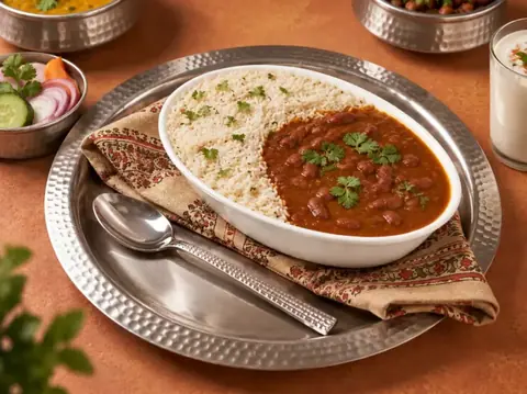 Rajma curry with steamed rice served on a metal tray with salad and lassi