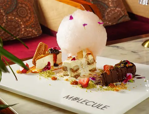Assorted desserts with cotton candy and garnishes on a white plate