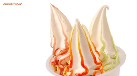 Three soft serve ice creams with different flavored syrups in a cup