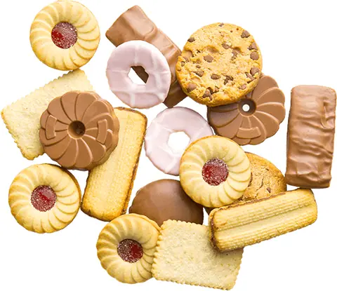 Assorted cookies and biscuits including chocolate chip and jam-filled