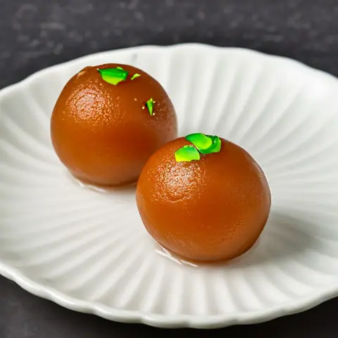 Two round gulab jamuns garnished with green pistachio pieces on white plate