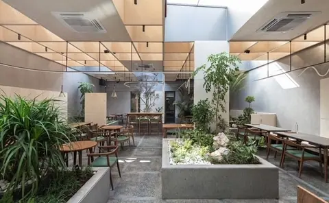 Spacious modern cafe interior with wooden tables and green plants