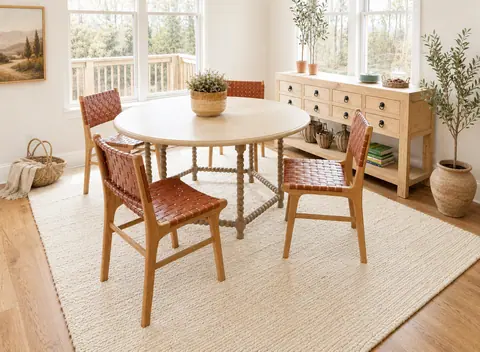 Bright cafe interior with round table and four woven chairs near window