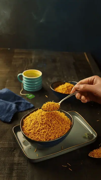 Hand holding spoonful of sev over bowl of sev with cup of tea