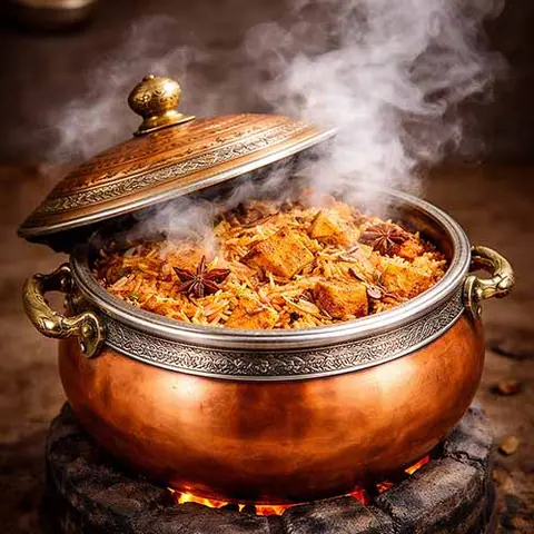 Steaming hot biryani with spices and paneer in a traditional copper pot