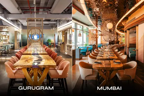 Modern dining area with wooden tables and cushioned chairs in Comorin Gurugram