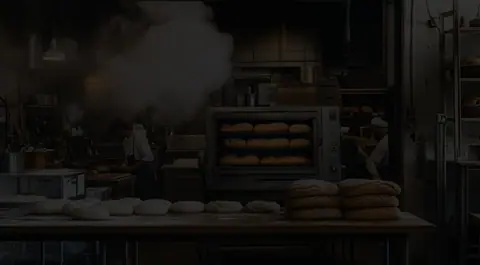 Bakery kitchen with bread loaves and baking equipment in Valasaravakkam